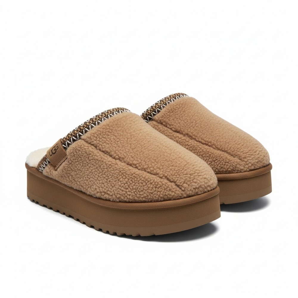 UGG Tazz Curly Platform Slippers Chestnut Brown 1167770 Womens 7 NEW